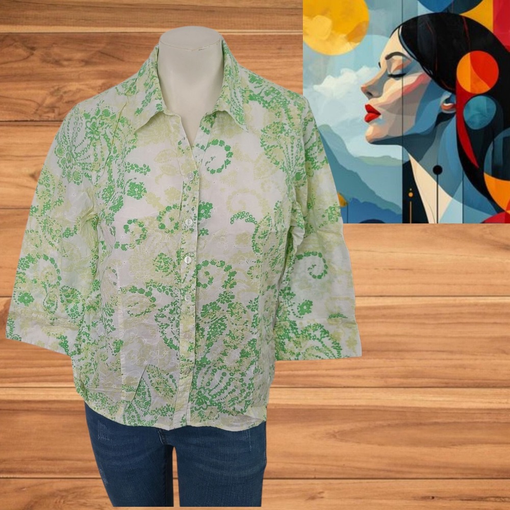 JM Collection Top Green Floral Button Up Women's‎ Cotton  Casual Petite 14P